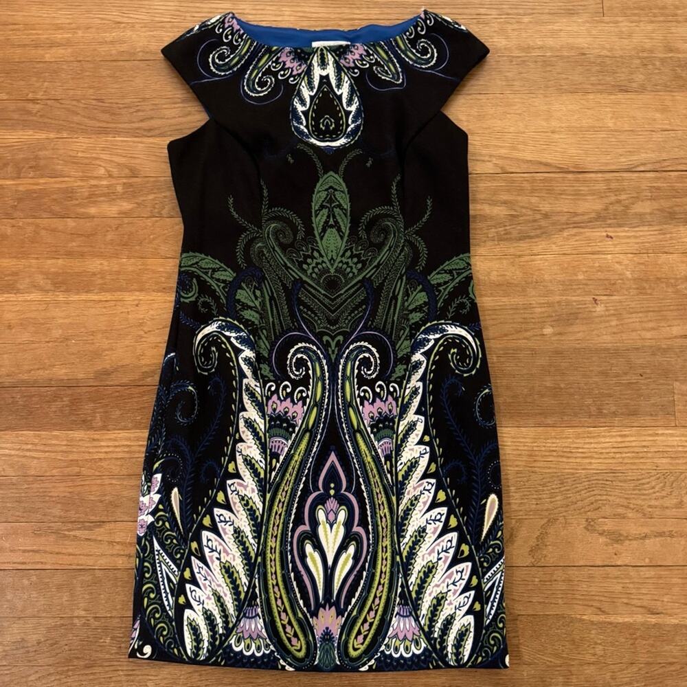 London Times black green harlequin knee length sleeveless shift dress sz 10
b28